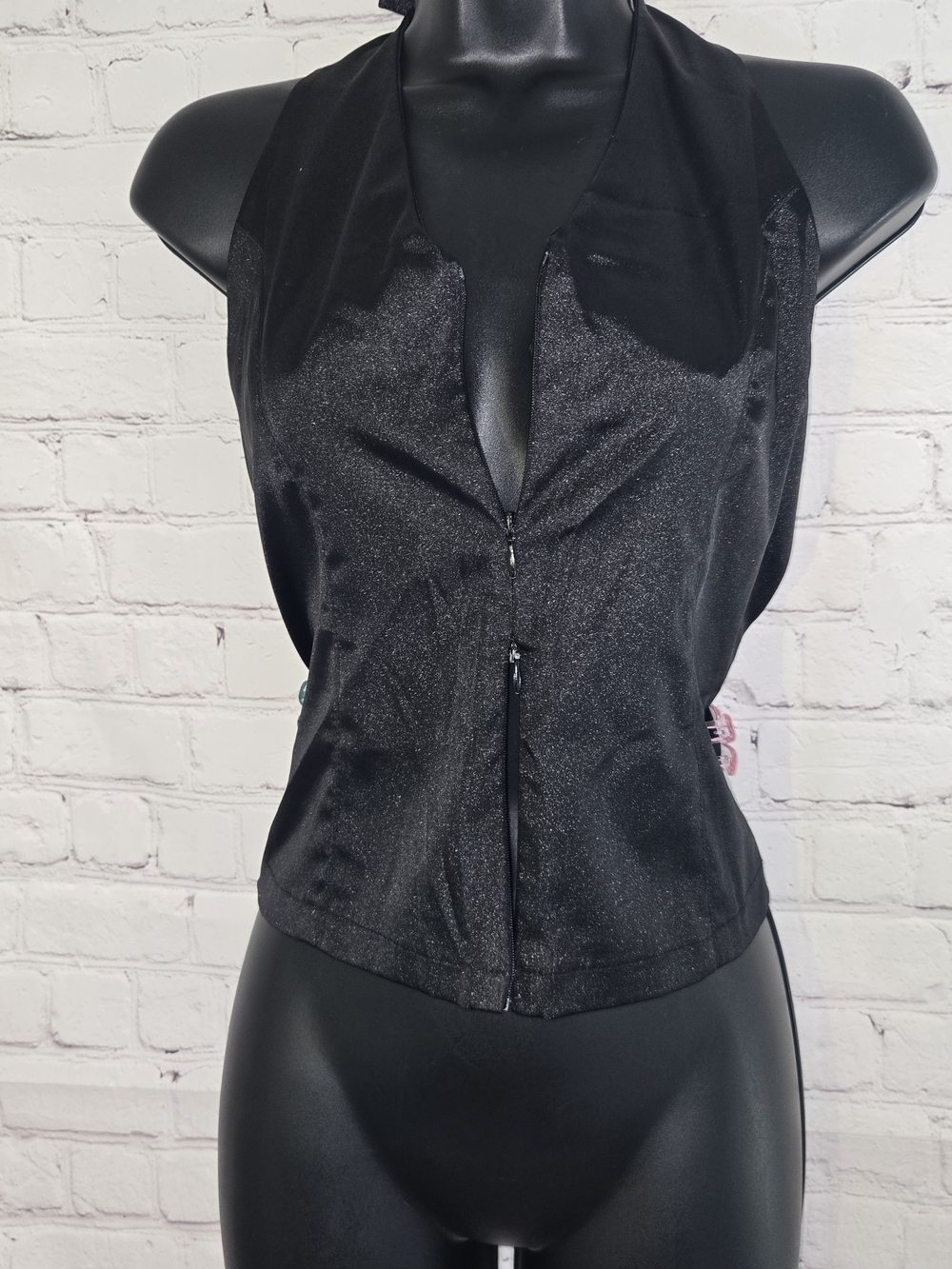 American vintage New Line Black satin halter Top Bottom Zip Vesy Goth Glam
